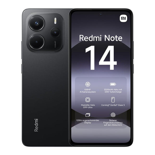 Xiaomi Redmi Note 14 nutitelefon, 8 + 128 GB, must, 108 MP tehisintellektiga kaamerasüsteem, 5500 mAh aku, 120 Hz silmakaitsega ekraan, tehisintellekti funktsioonid (laadijat ei kuulu komplekti)