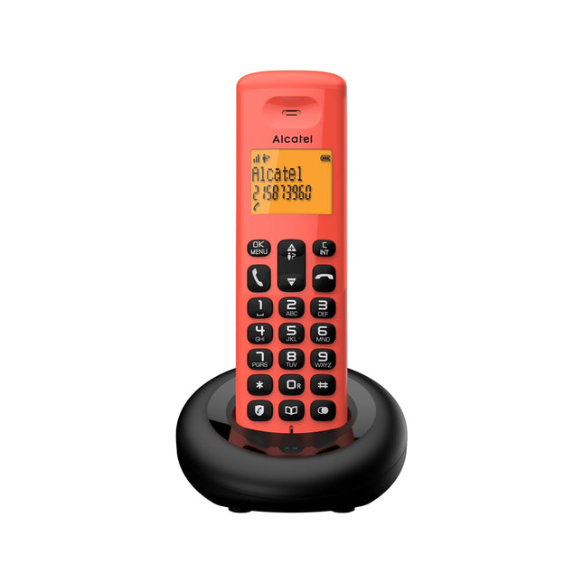 Alcatel E160 punane juhtmeta DECT-telefon soovimatute kõnede blokeerimisega, suure oranži taustvalgustusega ekraaniga, hõlpsasti loetava ning klassikaliste ja polüfooniliste helinatega