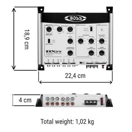 1 elektrooniline filtri, mis ühildub BOSS Audio Systems BX55 2/3-suunalise ekvalaiseriga. Ees/tagumine/subwoofer. Komplektis kaugjuhtimispult-subwoofer, 1 tk.
