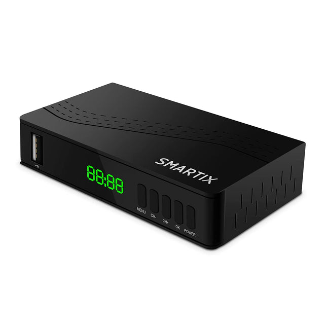 Atlantis SMARTIX DH17 maapealne digitaalne dekooder DVB-T2 HEVC H.265 mpeg2/mpeg4 H.264 meediapleier USB-pordi, HDMI ja SCART kaugjuhtimispuldiga, õppiv, Main 10, must