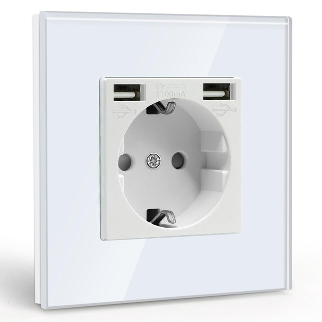BSEED USB-pesa valge Schuko pistikupesa USB-pordiga (max 2,1 A), süvistatav klaasist kaitsekontaktiga pistikupesa laadija mobiiltelefonidele, sülearvutitele jne.