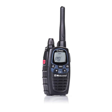 Midland G7 Pro C1090.14, kahesuunaline raadiosaatja, kahe sagedusalaga, 16 PMR446 kanalit ja 69 LPD-d, 4 laetavat akut, vööklamber, 1 raadiosaatja, must