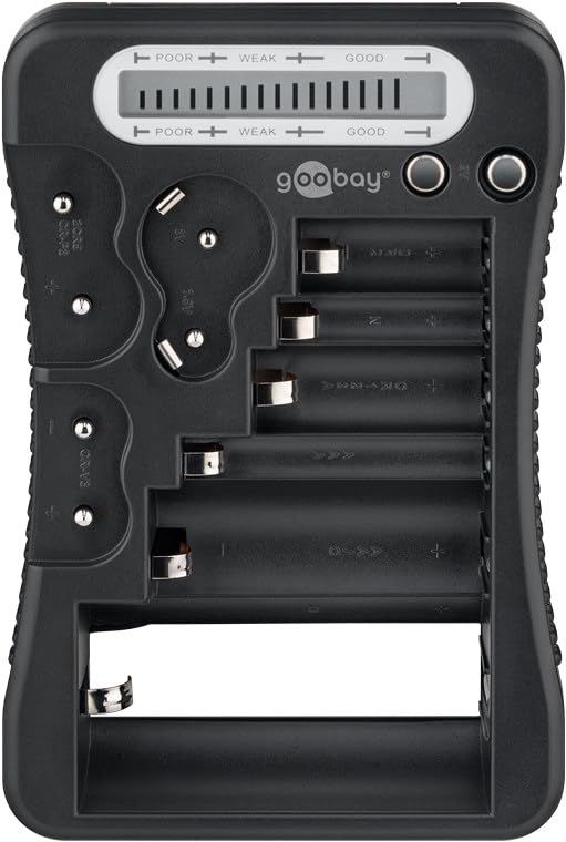 goobay 72511 Digital Battery Tester for Batteries, Rechargeable Batteries and Button Cells/LCD Battery Tester/Battery and Rechargeable Battery Tester/AA, AAA, 9V, C, D, CR2032