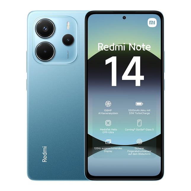 Xiaomi Redmi Note 14 nutitelefon, 8 + 256 GB, sinine, 108MP tehisintellektiga kaamerasüsteem, 5500 mAh aku, 120 Hz silmi kaitsva ekraaniga, tehisintellekti funktsioonid (laadijat ei kuulu komplekti)