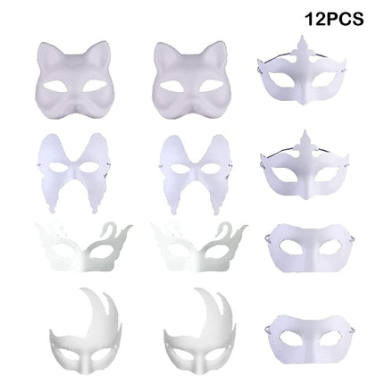 12 valget maski, kassimask, maskid maalimiseks, värvimata tühi pabermask, rebasemask, karneval, pidu, maskiballi pidu, halloween, karneval, cosplay, isetegemise maalimine, innovatsioon