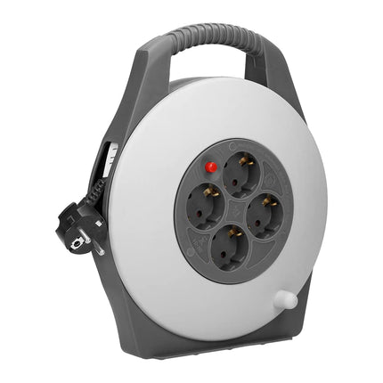 Orno AE-13113(GS)/G Mini cable reel 10m with 4 sockets, stand and child safety contacts, 2300W / 10A, 230V, 50Hz, dimensions 22.5 x 28 x 8 cm