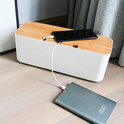 Kaablikarbi pistikupesa kaablikoguja hoiukarp kaabli haldamiseks laadimiskaabli jaoks, ABS-plastist ventilatsiooniga, puidust tekstuuriga korraldaja 36 x 13,5 x 13 cm (valge L)