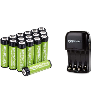 Amazon Basics Pre-Charged Ni-MH AA Rechargeable Batteries - 2000 mAh Rechargeable Batteries, 16 Count (Battery foil may vary from product photo) + Battery Charger for Ni-MH AA / AAA Batteries and USB Devices