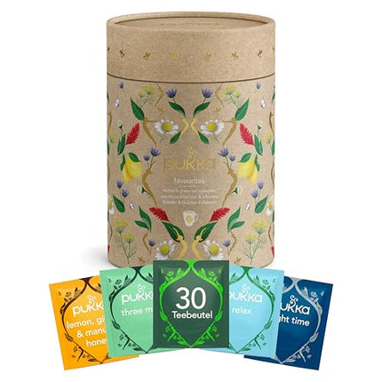 Pukka tee kinkekomplekt, orgaaniline teepurk "Lemmiksitee", Manuka mesi, roheline tee, ingver, piparmünditee, teekomplekt, kingiidee, 5 sorti, 30 teekotti