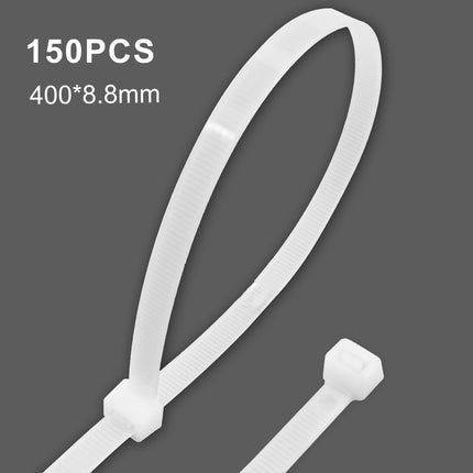 150-osaline professionaalne valge kaablisidemete komplekt, 400 mm x 8,8 mm suured kaablisidemed, UV-kindlad, kuumakindlad, keemiliselt vastupidavad, tõmbetugevusega 50 kg, kaablitee hoidikule
