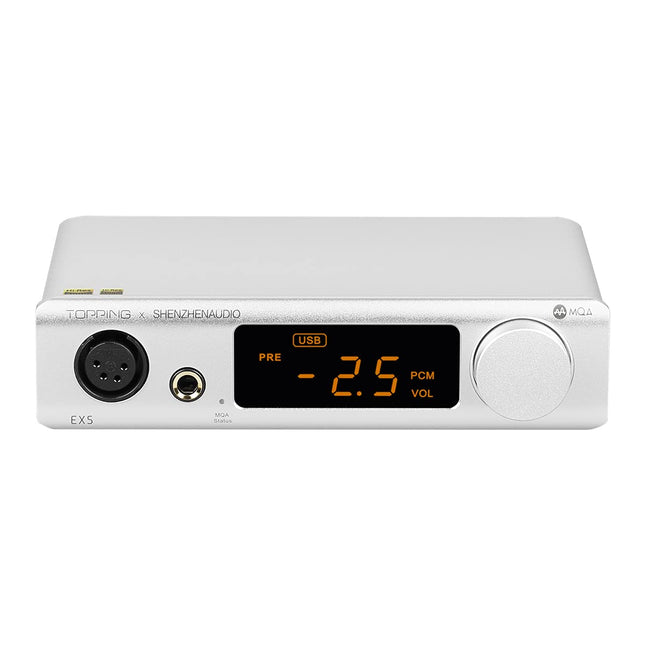 Topping EX5 MQA Dual ES9038Q2M DAC Bluetooth 5.0 LDAC DSD512 PCM 768kHz Hi-Res Audio HiFi dekooder kõrvaklappide võimendi (hõbedane)