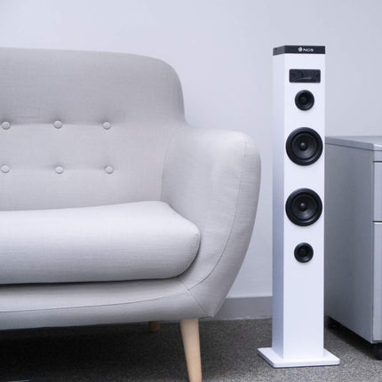 NGS Sky Charm White - 50W Bluetooth Sound Tower with Remote Control, Optical Input, USB, FM Radio and AUX IN (White)