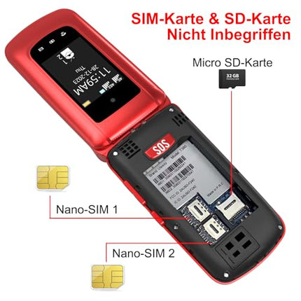 4G Flip Phone for Seniors with Large Buttons, Dual-SIM Flip Mobile Phone with Charging Cradle | SOS Emergency Call Function | Speed ​​Dial | Flashlight | FM Radio | 2.4+1.77 Inch Dual Color Display | Red