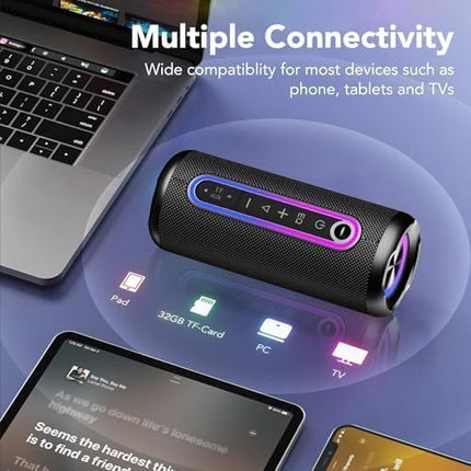 Bluetooth speaker with light, Bluetooth 5.4 music box, 30W dual speakers, dual bass drivers, 30-hour battery life, IPX7 waterproof, TWS pairing, AUX, TF card, suitable for outdoor/party/travel, black