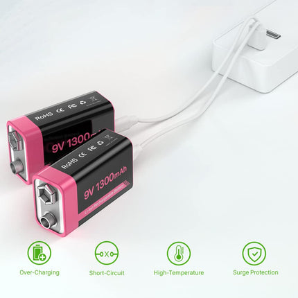 9V Rechargeable Batteries, 1300mAh Long-Lasting Rechargeable Lithium Batteries with USB-C Fast Charging 9V Block Battery for Remote Control, Smoke Detector, Multimeter, Microphone (2 Pack)