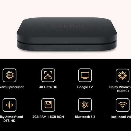 Xiaomi TV Box S (2nd Generation), 4K Ultra HD Streaming Media Player, 2GB RAM, 8GB ROM, Smart TV Box, Supports Google TV, Dolby Vision, HDR10+, Dolby Atmos, DTS-HD, Wireless Projection,