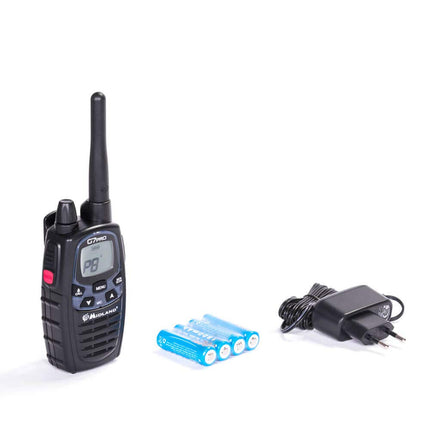 Midland G7 Pro C1090.14, kahesuunaline raadiosaatja, kahe sagedusalaga, 16 PMR446 kanalit ja 69 LPD-d, 4 laetavat akut, vööklamber, 1 raadiosaatja, must