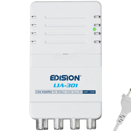 EDISION LIA-301 UHF/VHF koduvõimendi, 5-20dB, 98dBmV, sagedusala 47-694MHz, sobib kaabeltelevisiooni, maapealse ja raadiolevi jaoks, 5G LTE filter, 1 sisend, 3 väljundit, IEC pistikud