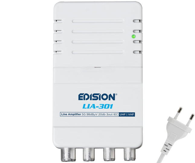 EDISION LIA-301 UHF/VHF koduvõimendi, 5-20dB, 98dBmV, sagedusala 47-694MHz, sobib kaabeltelevisiooni, maapealse ja raadiolevi jaoks, 5G LTE filter, 1 sisend, 3 väljundit, IEC pistikud