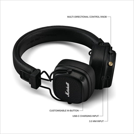 Marshall Major V Bluetooth kõrvaklapid, 100 tundi mänguaega – mustad