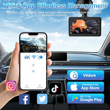 4K/2K+1080P Dashcam Car Front Rear, WiFi Dash Cam with 64GB SD Card, Dash Cam Car Night Vision, 170° Wide Angle WDR, 24/7 Parking Monitoring Functionality, G-Sensor, Loop Recording, Max 256GB