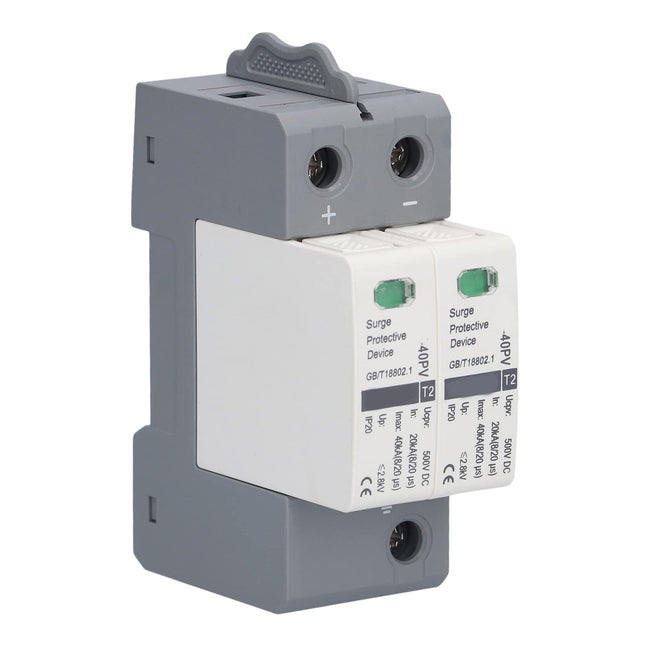 PV Surge Protector DIN Rail DC 500V 20-40KA 2P Lightning Protection Voltage Protection Arrester Protection T2 Surge Arrester for Photovoltaic Solar and Power Supply