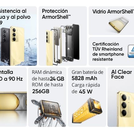 Realme C75 nutitelefon 8+128 GB, IP69 tolmu- ja veekindlus, 5828mAh võimas aku, 50MP tehisintellektiga kaamera, 6,72'' ekraan 90Hz värskendussagedusega, MediaTek Helio G92 Max kiibistik, Lightning Gold (ilma adapterita)