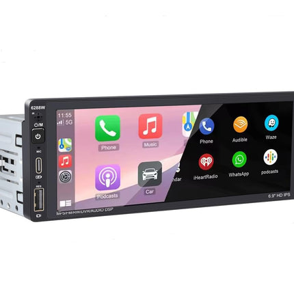 1-DIN Car Radio with Wireless CarPlay, Android Auto, 6.9-inch Touchscreen, Bluetooth Car Radio, Supports FM AM, RDS Radio, Mirror Link, USB Type-C, Voice Control, Power Failure Memory
