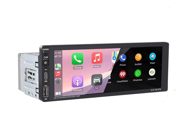 1-DIN autoraadio juhtmevaba CarPlayga, Android Auto, 6,9-tolline puuteekraan, Bluetooth-autoraadio, toetab FM-AM-i, RDS-raadiot, Mirror Linki, USB Type-C-d, hääljuhtimist, voolukatkestuse mälu