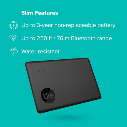 Tile Slim (2022) Bluetooth-võtmeotsija, 1 tk pakis, 60 m leviala, sh kogukonnaotsingu funktsioon, iOS-i ja Androidi rakendus, ühildub Alexa ja Google Home'iga, must