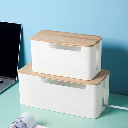 Cable management box with wooden lid, 23 x 12 x 11.7cm white plastic cable box desk cable organizer small cable box for hiding TV computer router cables sockets