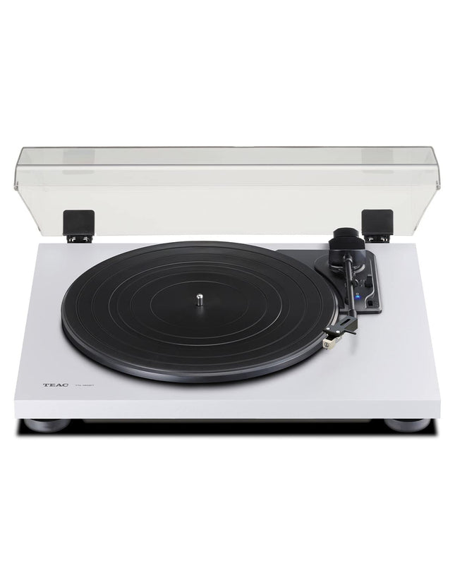 Teac TN-180BT-A3 plaadimängija Bluetooth-väljundiga (rihmülekanne, 33/45/78 p/min, integreeritud fono-eelvõimendi, suure tihedusega MDF-korpus) valge