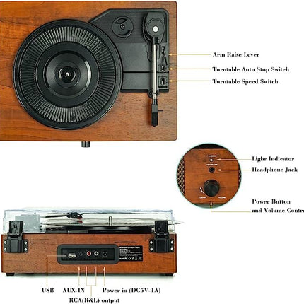 Bluetooth vinyl record player with built-in speakers, supports USB RCA output, Aux-in headphones, auto-stop, 3-speed belt drive, portable phonograph for entertainment and decoration