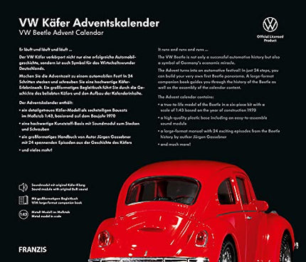 FRANZIS 55255 - VW Beetle'i advendikalender, punane, metallist mudelkomplekt mõõtkavas 1:43, sisaldab helimoodulit ja 52-leheküljelist raamatut