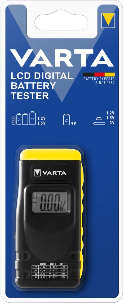 VARTA LCD digitaalne akutester patareide, laetavate akude ja nööppatareide jaoks, testimisseade kõikidele peamistele akusuurustele (AA, AAA, C, D, 9V)