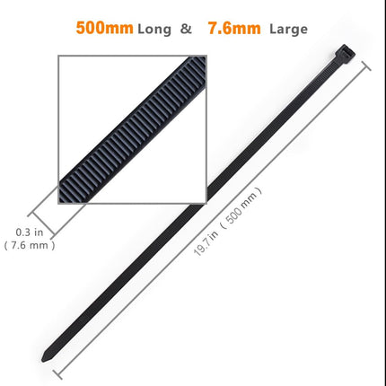 JQKX cable ties 500mm x 7.6mm, UV-resistant ultra strong cable ties with 70 kg tensile strength, nylon, black, 100 pieces