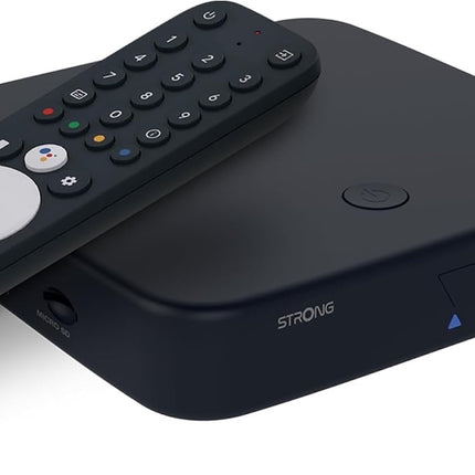 STRONG - Android TV 4K UHD voogedastusboks - SRT 423 - sisseehitatud Chromecast - DVB-T2 ja kaabelvastuvõtja - hääljuhtimine - Dolby Vision Atmos - Google Play, Netflix, Prime Video, Disney+ - must