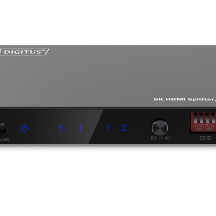 DIGITUS DS-55339 HDMI jaotur 1x2 – sisend: 1 port/väljund: 2 porti – UHD 8K/60 Hz HDTV: 7680 × 4320p – HDCP 2.3 ja HDMI 2.1 – HDR, Deep Color, EDID-lüliti – Toslink, Stereo (3,5 mm)