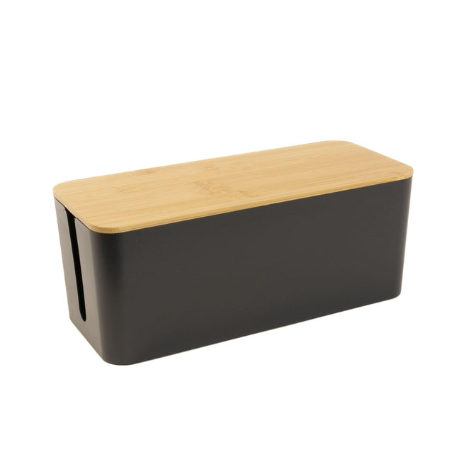 Intirilife cable box with bamboo lid in black - 32 x 13.6 x 12.7 cm - cable management box, organizer for hiding cables and power strips