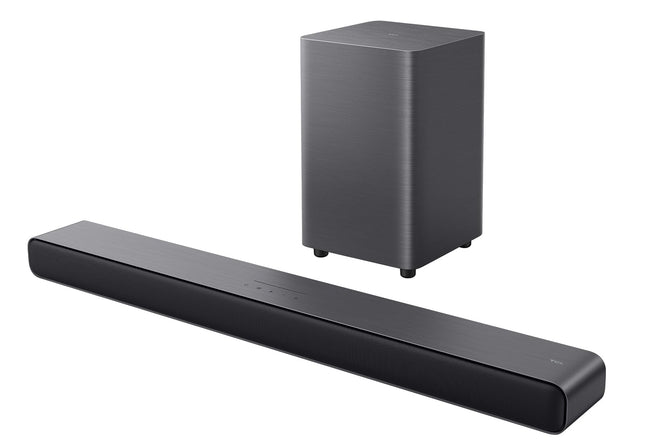 TCL S55HE 2.1-kanaliga Dolby Atmos kõlaririba, maksimaalne võimsus 220 W kahekordse bassisüsteemiga, DTS Virtual X tugi, HDMI eARC ja Bluetooth 5.3, kõlaririba juhtmevaba subwooferiga, kodukino