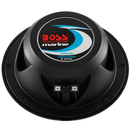 KIT set FOR BOSS Audio Systems MR50B 2 Black 2-way marine speakers 5.25" 13.5 cm 135 mm, 75 watts rms 150 watts max, waterproof, sea, swimming pool, boat, hotel, per pair + free accessories