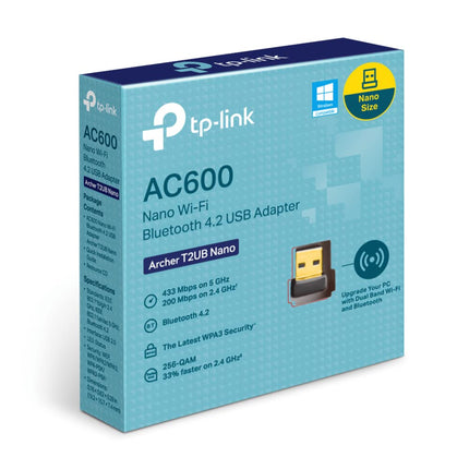 TP-Link Archer T2UB Nano AC600 Nano Wi-Fi Bluetooth 4.2 USB-adapter (2,4 GHz 200 Mbps, 5 GHz 433 Mbps, Nano suurus, toetab Windows 11/10/8.1/8/7, WPA3 krüptimisstandardeid, Bluetooth 4.2)