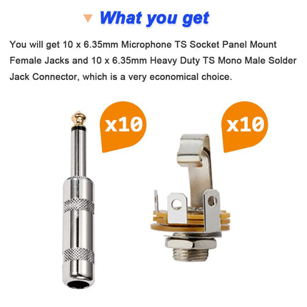 Xiatiaosann 6.35 mm Microphone TS Jack, Panel Mount Jacks with 6.35 mm High Performance TS Mono Solder Jack Connection (20 Pack)