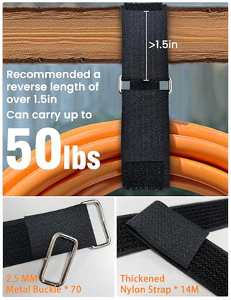 Hook and loop cable strap with 70 metal buckles, 2.5 cm x 14 m, reusable cable straps, adjustable nylon fastening cable straps for wire management, cord organizer, 2.5 cm wide, black