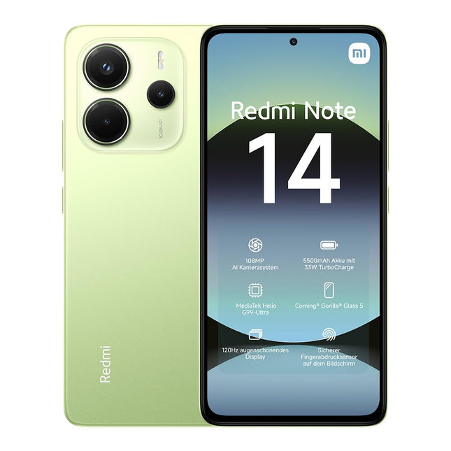 Xiaomi Redmi Note 14 nutitelefon, 8 + 256 GB, roheline, 108MP tehisintellektiga kaamerasüsteem, 5500 mAh aku, 120 Hz silmakaitsega ekraan, tehisintellekti funktsioonid (laadijat ei kuulu komplekti)
