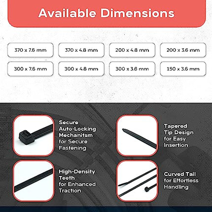 Cable Ties – 100 Pack Natural Cable Ties for Secure Cable Management – ​​Heavy Duty Cable Ties up to 54.4 kg Tensile Strength – 300 x 3.6 mm Nylon Ties with Automatic Locking Mechanism –