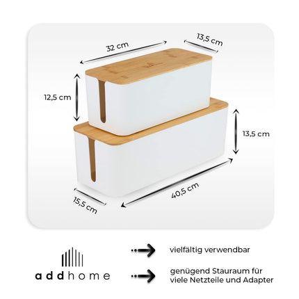 addhome kaablikarbi komplekt (2 tk) | Korralda kaablikaos stiilselt | Valge ABS-plastist ja bambusest kaas | Sobib igasse interjööri | Piisavalt ruumi pistikutele ja toiteallikatele | Komplektis kummist jalad ja takjakinnitus