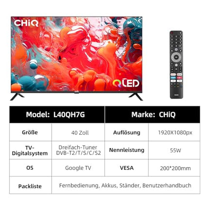 CHIQ TV 40-tolline QLED Google TV, HDR10, WiFi, Google Play, raamita disain, Dolby Audio, Chromecast, DBX-TV, kolmekordne tuuner (DVB-T2/C/S2), hotellirežiim
