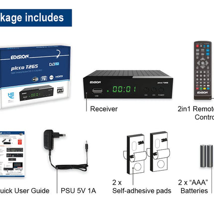 EDISION Picco T265 Full HD H.265 HEVC maapealne FTA vastuvõtja T2, (1x DVB-T2, USB, HDMI, SCART, S/PDIF, IR silm, USB tugi, 2-in-1 kaugjuhtimispult, must)