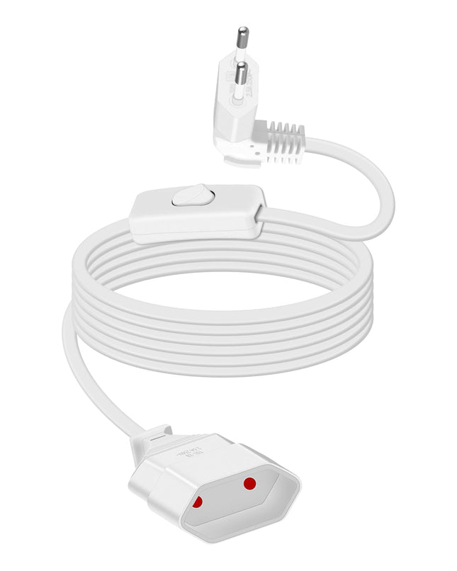 GELRHONR 2m Extension Cable Cord with Switch 90 Angle Plug Power Cord White 2.5A/250V for Indoor Household Appliances, Lamps, TV, PC, Fairy Lights, Euro Plug Flat Power Cable